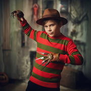 LUXE DIVA Kids Halloween Costume Red Green Stripe Knitted Jumper Explore Hat Scary Mask & Claw Hand Glove Halloween Cosplay Horror Fancy Dress Costume Suit Sweater+Top+Hat+Mask+Glove For Kids