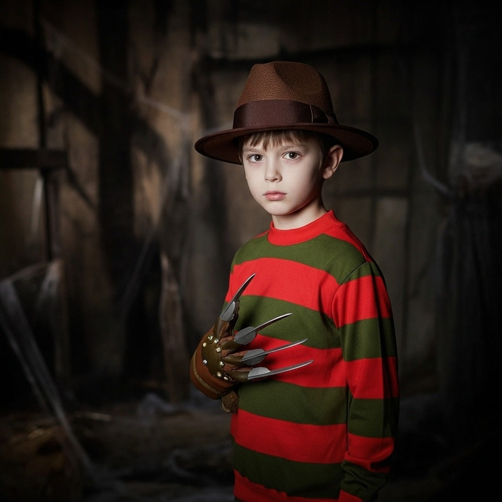 LUXE DIVA Kids Halloween Costume Red Green Stripe Knitted Jumper Explore Hat Scary Mask & Claw Hand Glove Halloween Cosplay Horror Fancy Dress Costume Suit Sweater+Top+Hat+Mask+Glove For Kids
