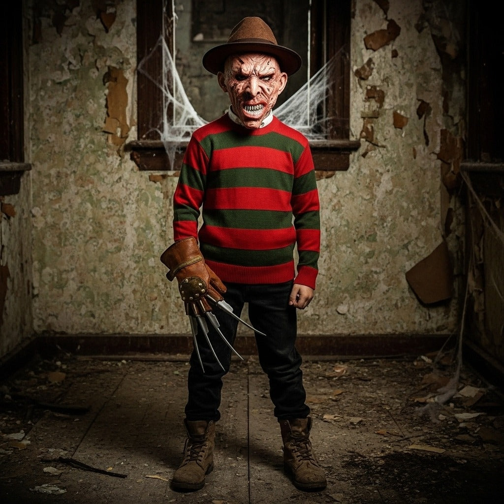 LUXE DIVA Kids Halloween Costume Red Green Stripe Knitted Jumper Explore Hat Scary Mask & Claw Hand Glove Halloween Cosplay Horror Fancy Dress Costume Suit Sweater+Top+Hat+Mask+Glove For Kids