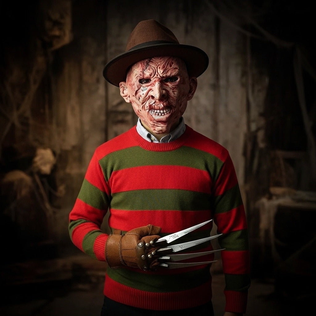 LUXE DIVA Men's Halloween Costume Red Green Stripe Knitted Jumper Explore Hat Scary Mask & Claw Hand Glove Halloween Cosplay Horror Fancy Dress Costume Suit Sweater+Top+Hat+Mask+Glove For Adult