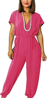 LUXE DIVA Women's V Neck Wrap Over Ankle Tie Waist Jumpsuit Ladies Harem Wide Leg Playsuit