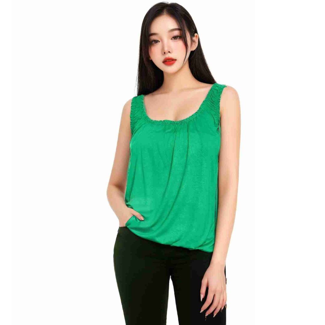 LUXE DIVA Women’s Gathered Round Scoop Neckline Swing Trim Sleeveless Plain Tank Top Wide Straps Ladies Elastic Bubble Hem Summer Camisole Baggy Vest Blouse Top