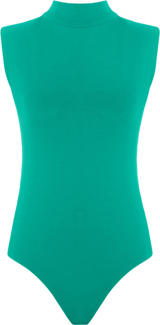 Womens Polo Turtle Neck Bodysuit Ladies Sleeveless Leotard Plain Stretchy Plunge Casual Party T-Shirt Top Sizes 16-22