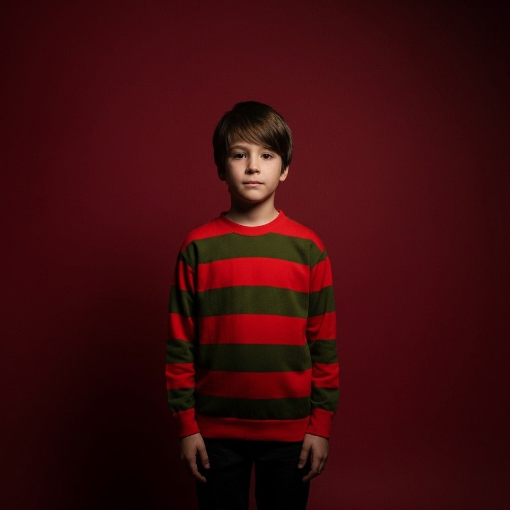 LUXE DIVA Kids Halloween Costume Red Green Stripe Knitted Jumper Explore Hat Scary Mask & Claw Hand Glove Halloween Cosplay Horror Fancy Dress Costume Suit Sweater+Top+Hat+Mask+Glove For Kids