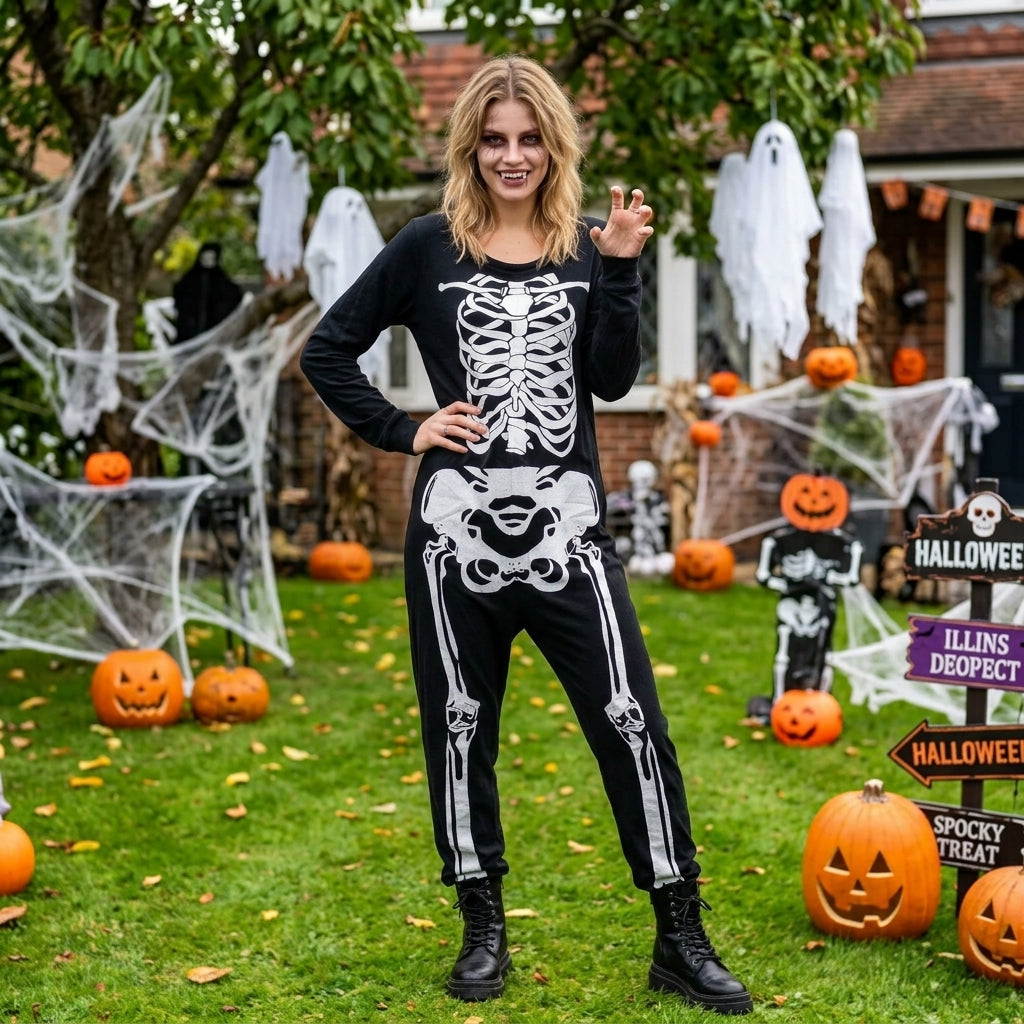 LUXE DIVA Ladies Skeleton Print Long Sleeve Jumpsuit Black Halloween Fancy Dress Costume