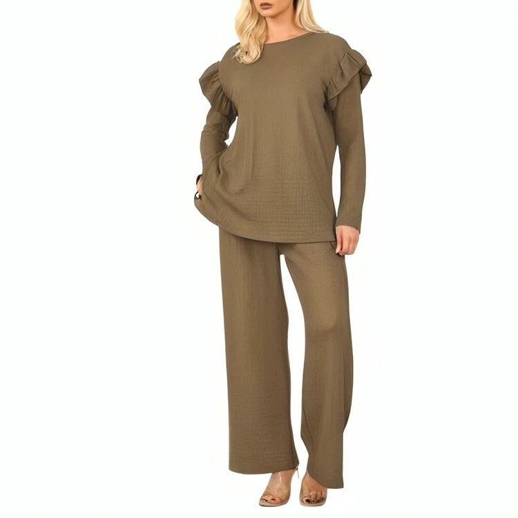 LUXE DIVA Ladies Frill arm Long Sleeve 2pcs Women's Wide Flared Leggings Trouser Loungewear Suit