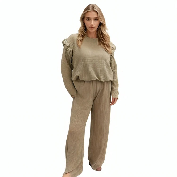 LUXE DIVA Ladies Frill arm Long Sleeve 2pcs Women's Wide Flared Leggings Trouser Loungewear Suit