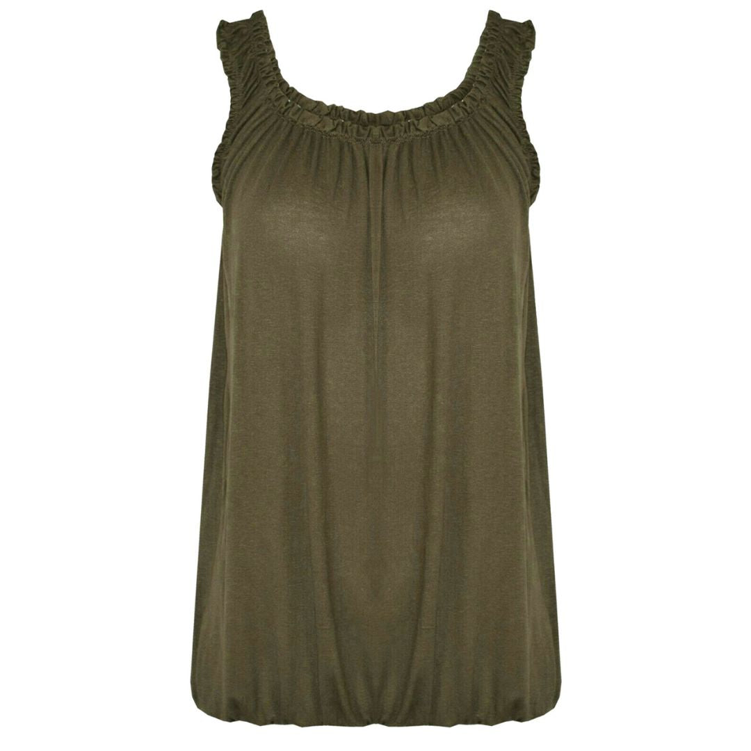 LUXE DIVA Women’s Gathered Round Scoop Neckline Swing Trim Sleeveless Plain Tank Top Wide Straps Ladies Elastic Bubble Hem Summer Camisole Baggy Vest Blouse Top