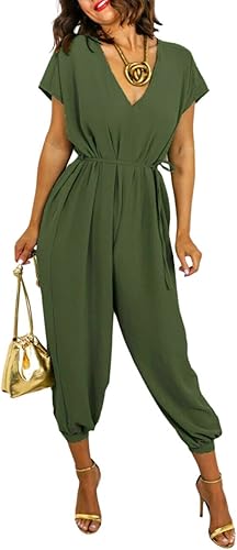 LUXE DIVA Women's V Neck Wrap Over Ankle Tie Waist Jumpsuit Ladies Harem Wide Leg Playsuit