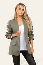 Load image into Gallery viewer, LUXE DIVA Ladies rouge leopard on sleeve Italien  blazer 2 front flap pockets
