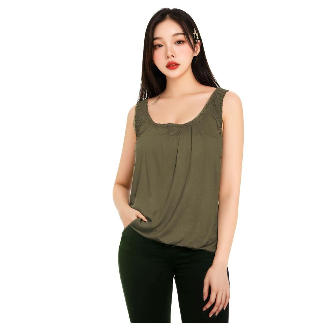 LUXE DIVA Women’s Gathered Round Scoop Neckline Swing Trim Sleeveless Plain Tank Top Wide Straps Ladies Elastic Bubble Hem Summer Camisole Baggy Vest Blouse Top