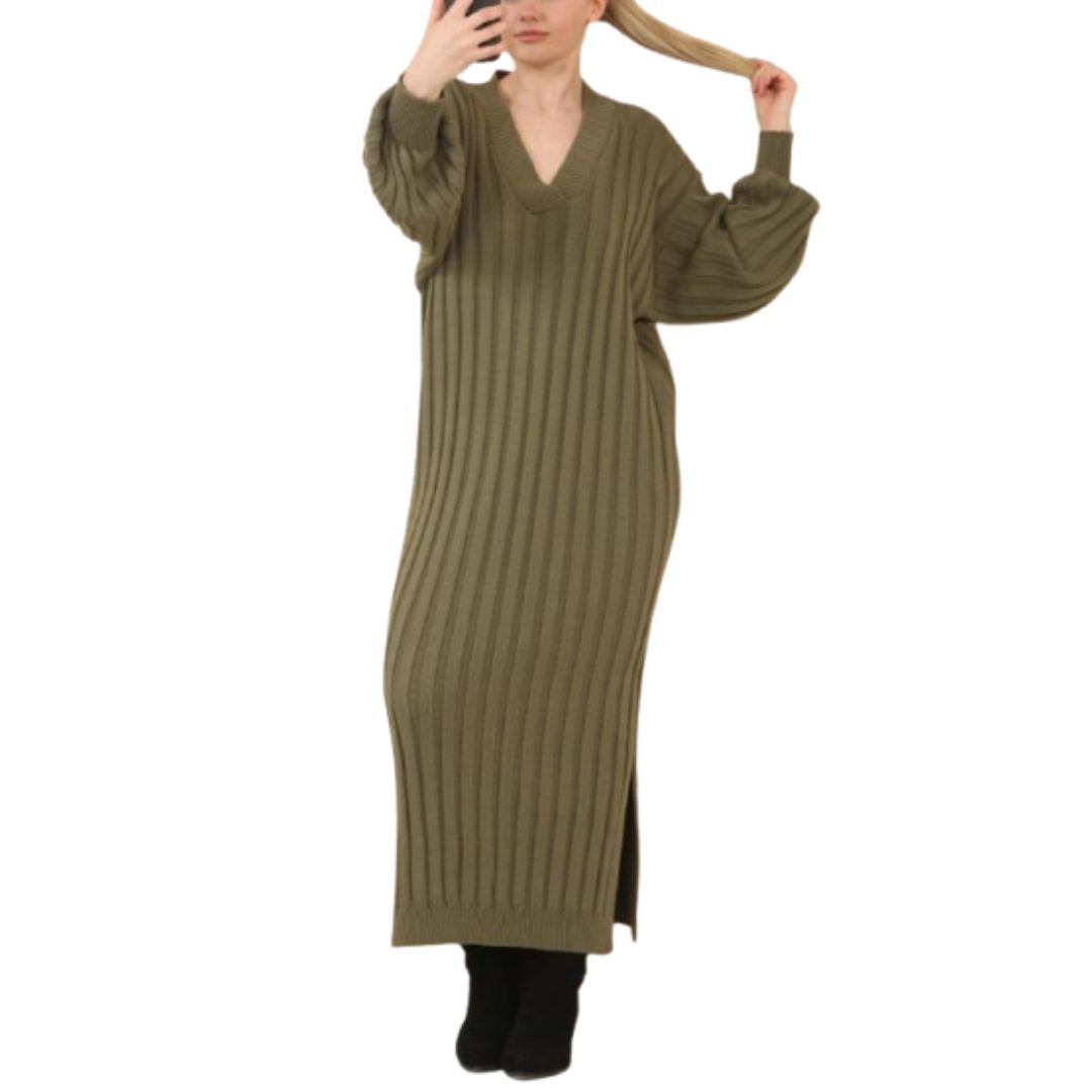 LUXE DIVA LADIES V Neck HIGH FUNNEL NECK LONG MAXI LENGTH KNITTED DRESS NOW IN STOCK