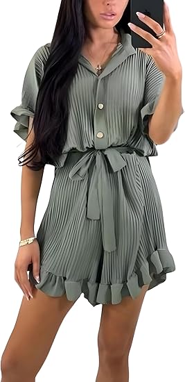 LUXEDIVA Ladies Belted Pleated Collard Smock Frill Shirt Dress Women Gold Button Playsuit