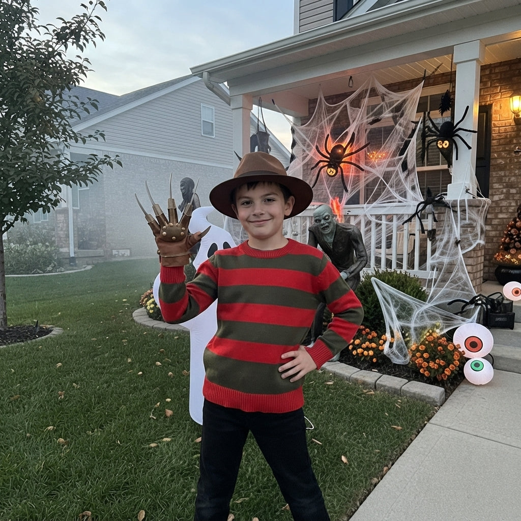 LUXE DIVA Kids  Halloween Costume Red Green Striped Jumper Hat Mask Claw Glove Horror Fancy Dress