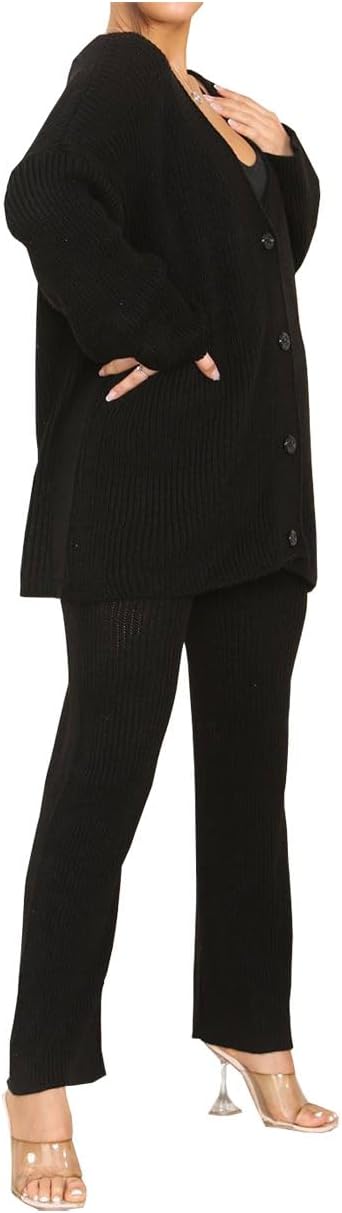LUXE DIVA Women's Chunky Knit Cardigan Wide Leg Lounge Set