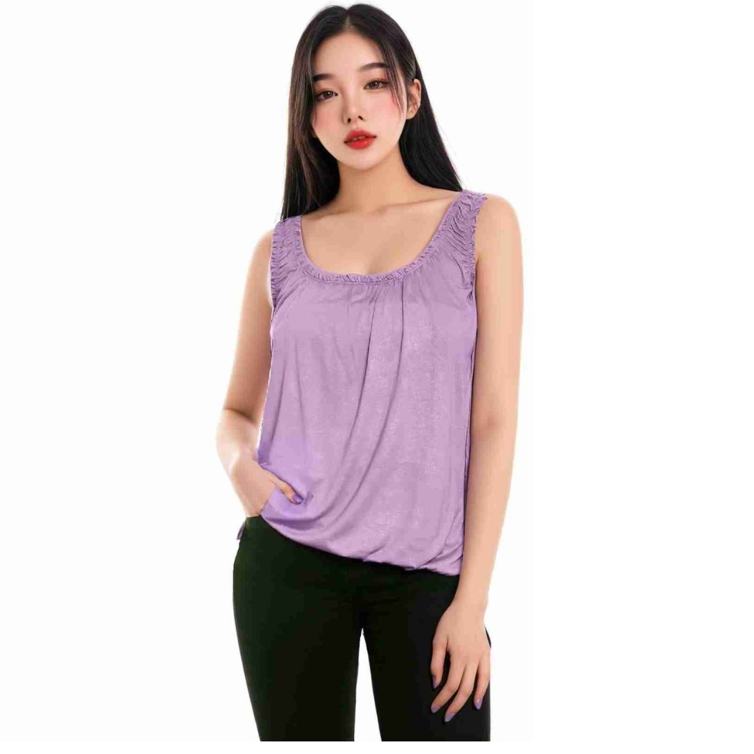 LUXE DIVA Women’s Gathered Round Scoop Neckline Swing Trim Sleeveless Plain Tank Top Wide Straps Ladies Elastic Bubble Hem Summer Camisole Baggy Vest Blouse Top
