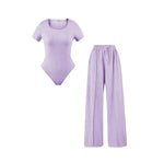Load image into Gallery viewer, LUXE DIVA Ladies Scoop Neck Short Sleeve Bodysuit And Elasticated Wide Leg Trouser Two Piece Set
