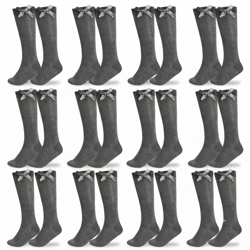 LUXE DIVA Cotton Rich Girls Knee High School Bow Socks Pack 3 6 12 - LUXE DIVALUXE DIVA Cotton Rich Girls Knee High School Bow Socks Pack 3 6 12Knee SocksLUXE DIVALUXE DIVAP12KneHiBowSockGry2-3LUXE DIVA Cotton Rich Girls Knee High School Bow Socks Pack 3 6 122-3Grey Pack OF 12