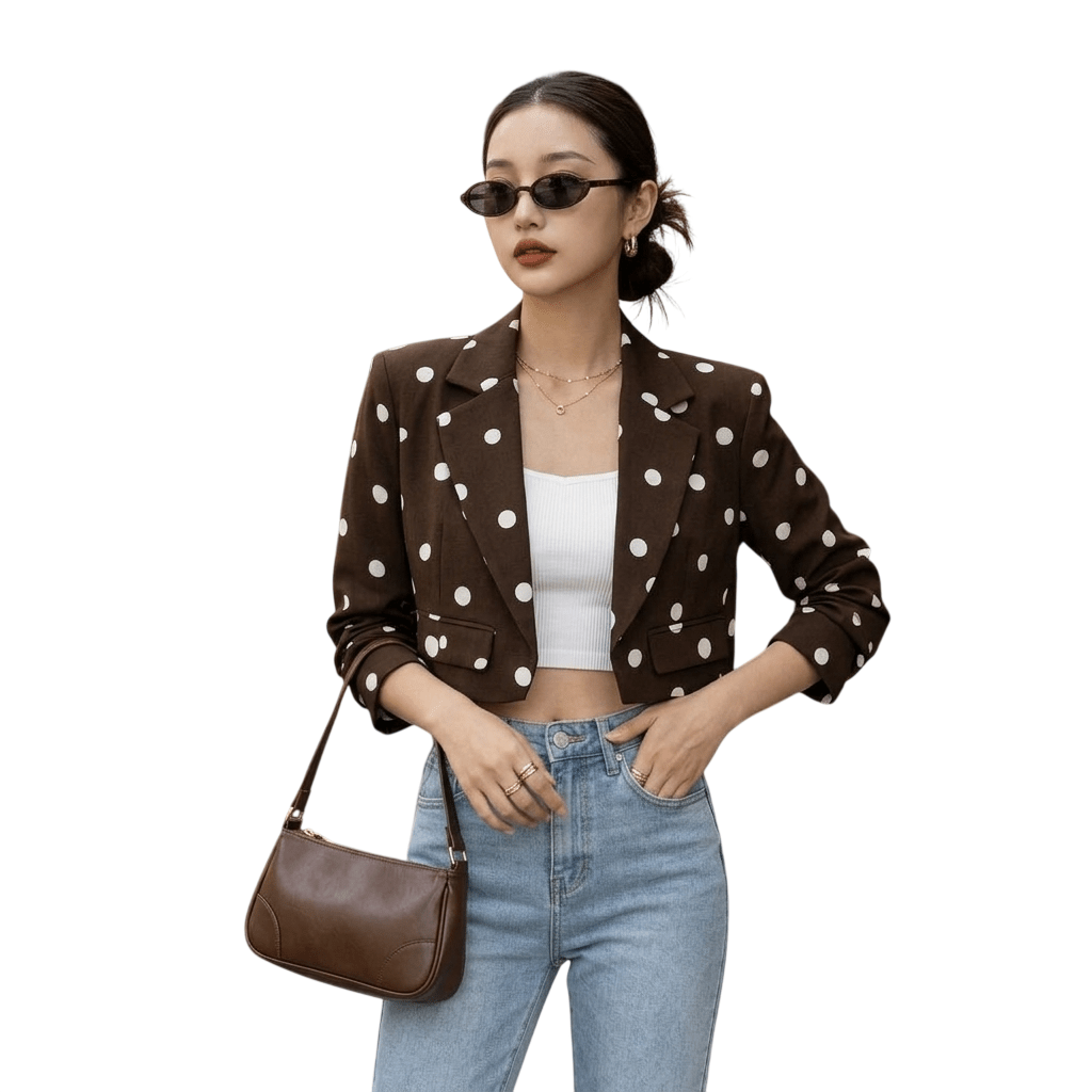 LUXE DIVA LADIES CROP ROUGE SLEEVE POLKA DOT BLAZER - LUXE DIVALUXE DIVA LADIES CROP ROUGE SLEEVE POLKA DOT BLAZERPolka Dots BlazerLUXE DIVALUXE DIVAPDotR/SlvCropBlzrBrown8-14LUXE DIVA LADIES CROP ROUGE SLEEVE POLKA DOT BLAZEROne Size Fit 8-14Brown