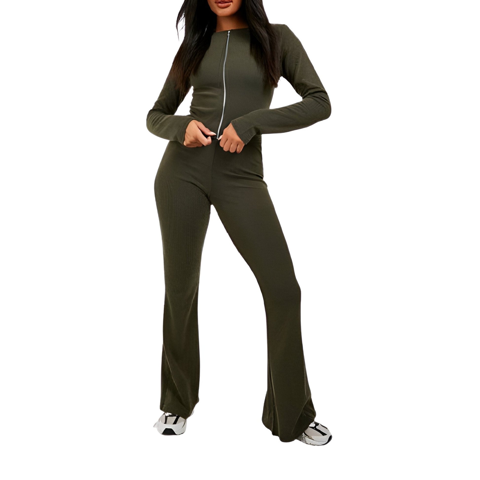 LUXE DIVA Ladies heavy Ribbed zipper two piece long sleeve top and flared trouser - LUXE DIVALUXE DIVA Ladies heavy Ribbed zipper two piece long sleeve top and flared trouserRibbed zipperLUXE DIVALUXE DIVALSRibZipTrouSetKhakiXSLUXE DIVA Ladies heavy Ribbed zipper two piece long sleeve top and flared trouserXSKhaki