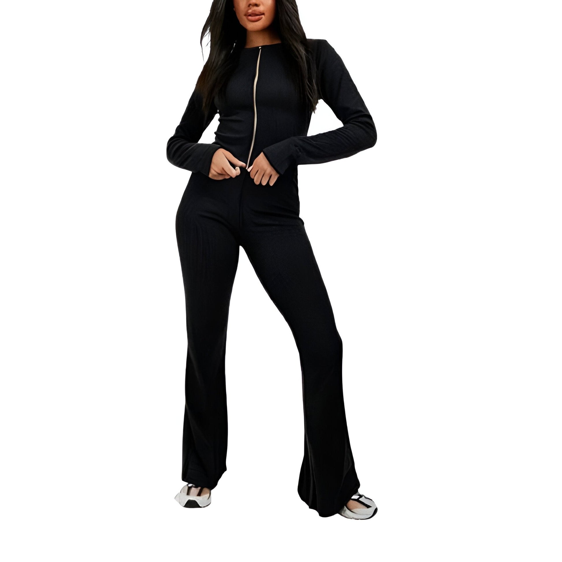 LUXE DIVA Ladies heavy Ribbed zipper two piece long sleeve top and flared trouser - LUXE DIVALUXE DIVA Ladies heavy Ribbed zipper two piece long sleeve top and flared trouserRibbed zipperLUXE DIVALUXE DIVALSRibZipTrouSetBlkXSLUXE DIVA Ladies heavy Ribbed zipper two piece long sleeve top and flared trouserXSPlain Black