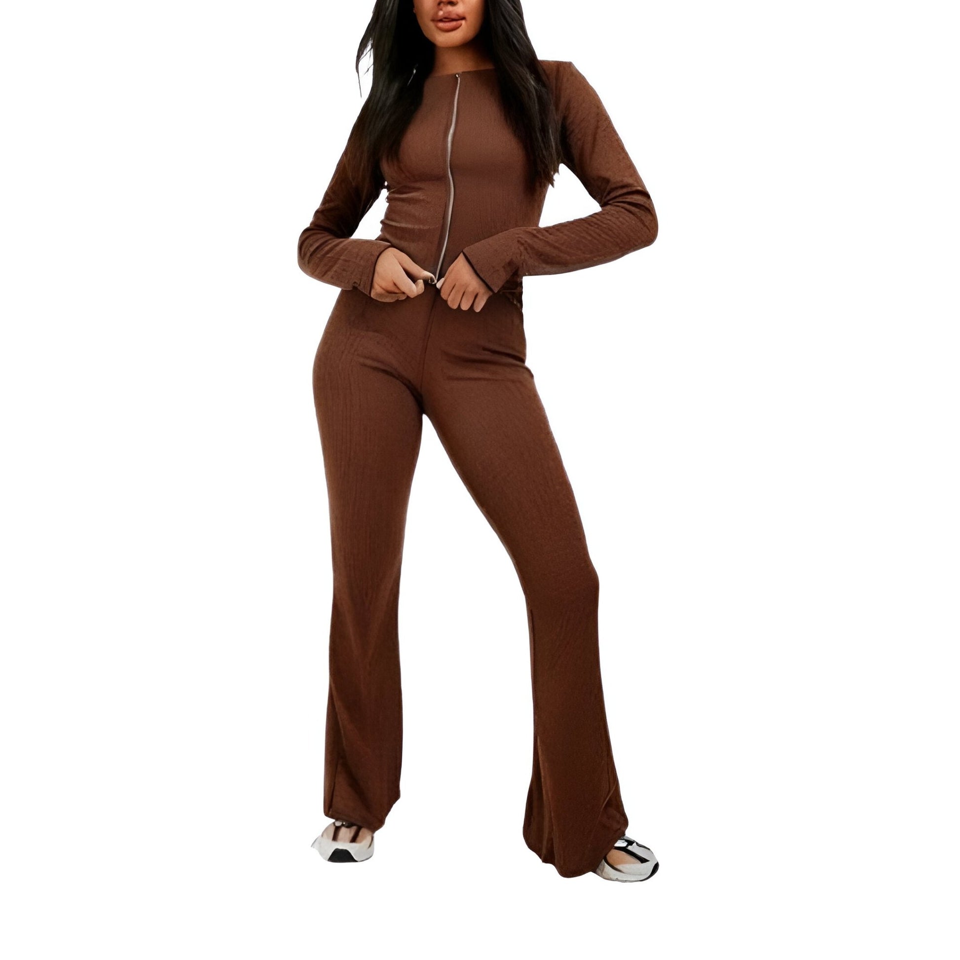 LUXE DIVA Ladies heavy Ribbed zipper two piece long sleeve top and flared trouser - LUXE DIVALUXE DIVA Ladies heavy Ribbed zipper two piece long sleeve top and flared trouserRibbed zipperLUXE DIVALUXE DIVALSRibZipTrouSetBrownXSLUXE DIVA Ladies heavy Ribbed zipper two piece long sleeve top and flared trouserXSBrown