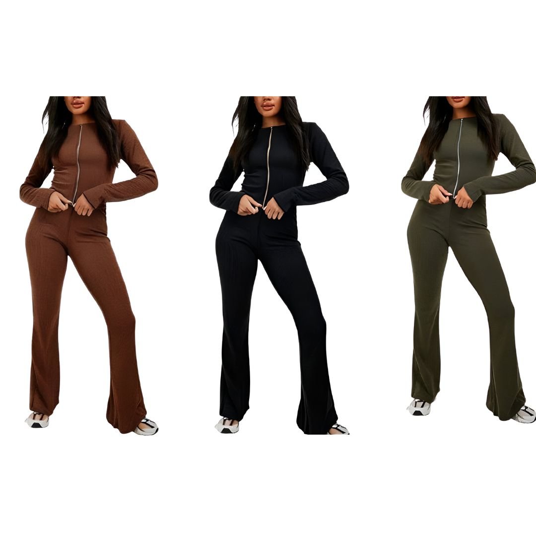 LUXE DIVA Ladies heavy Ribbed zipper two piece long sleeve top and flared trouser - LUXE DIVALUXE DIVA Ladies heavy Ribbed zipper two piece long sleeve top and flared trouserRibbed zipperLUXE DIVALUXE DIVALSRibZipTrouSetKhakiXSLUXE DIVA Ladies heavy Ribbed zipper two piece long sleeve top and flared trouserXSKhaki