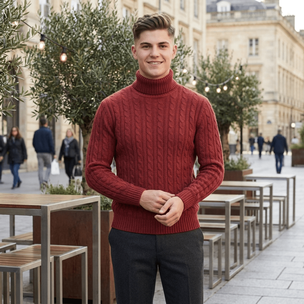 LUXE DIVA Men’s Textured Knit Roll Neck Jumper Casual Long Sleeve Sweater - LUXE DIVALUXE DIVA Men’s Textured Knit Roll Neck Jumper Casual Long Sleeve SweaterSweatshirtLUXE DIVALUXE DIVALDMenLSPNCablJumpWineSLUXE DIVA Men’s Textured Knit Roll Neck Jumper Casual Long Sleeve SweaterSwine