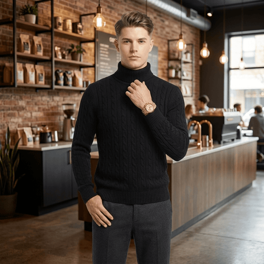 LUXE DIVA Men’s Textured Knit Roll Neck Jumper Casual Long Sleeve Sweater - LUXE DIVALUXE DIVA Men’s Textured Knit Roll Neck Jumper Casual Long Sleeve SweaterSweatshirtLUXE DIVALUXE DIVALDMenLSPNCablJumpBlkSLUXE DIVA Men’s Textured Knit Roll Neck Jumper Casual Long Sleeve SweaterSBlack