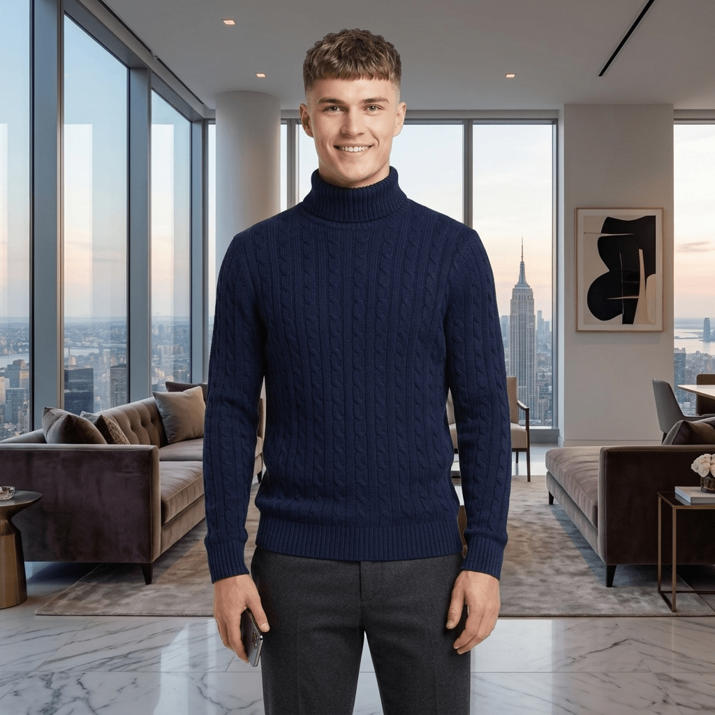 LUXE DIVA Men’s Textured Knit Roll Neck Jumper Casual Long Sleeve Sweater - LUXE DIVALUXE DIVA Men’s Textured Knit Roll Neck Jumper Casual Long Sleeve SweaterSweatshirtLUXE DIVALUXE DIVALDMenLSPNCablJumpNavySLUXE DIVA Men’s Textured Knit Roll Neck Jumper Casual Long Sleeve SweaterSNavy