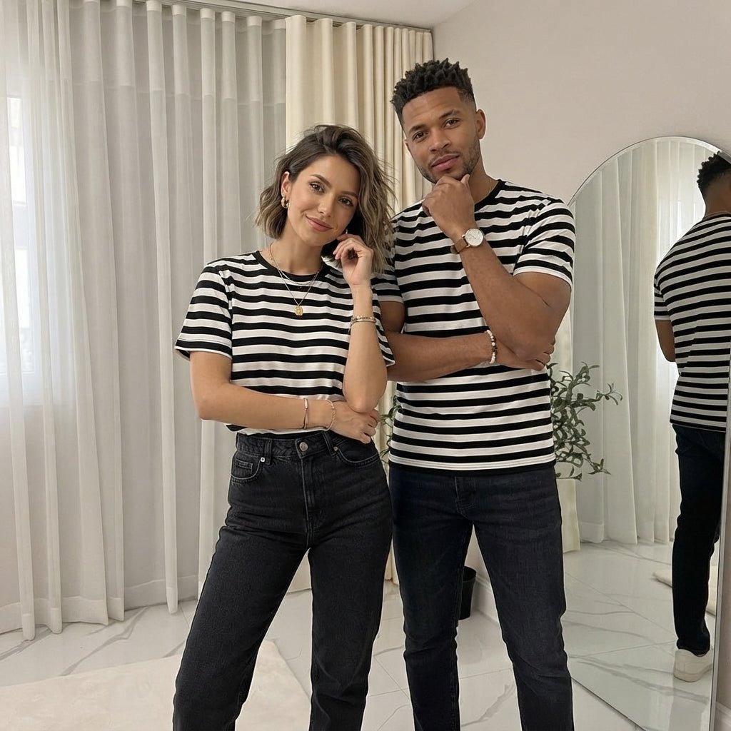 LUXE DIVA Unisex Striped T-Shirt Men's Women's Crew Neck Short Sleeve Casual Summer Top S-XXL - LUXE DIVALUXE DIVA Unisex Striped T-Shirt Men's Women's Crew Neck Short Sleeve Casual Summer Top S-XXLLUXE DIVALUXE DIVASSRNStrpTshirtBlk/WhiteSLUXE DIVA Unisex Striped T-Shirt Men's Women's Crew Neck Short Sleeve Casual Summer Top S-XXLSBlack & White