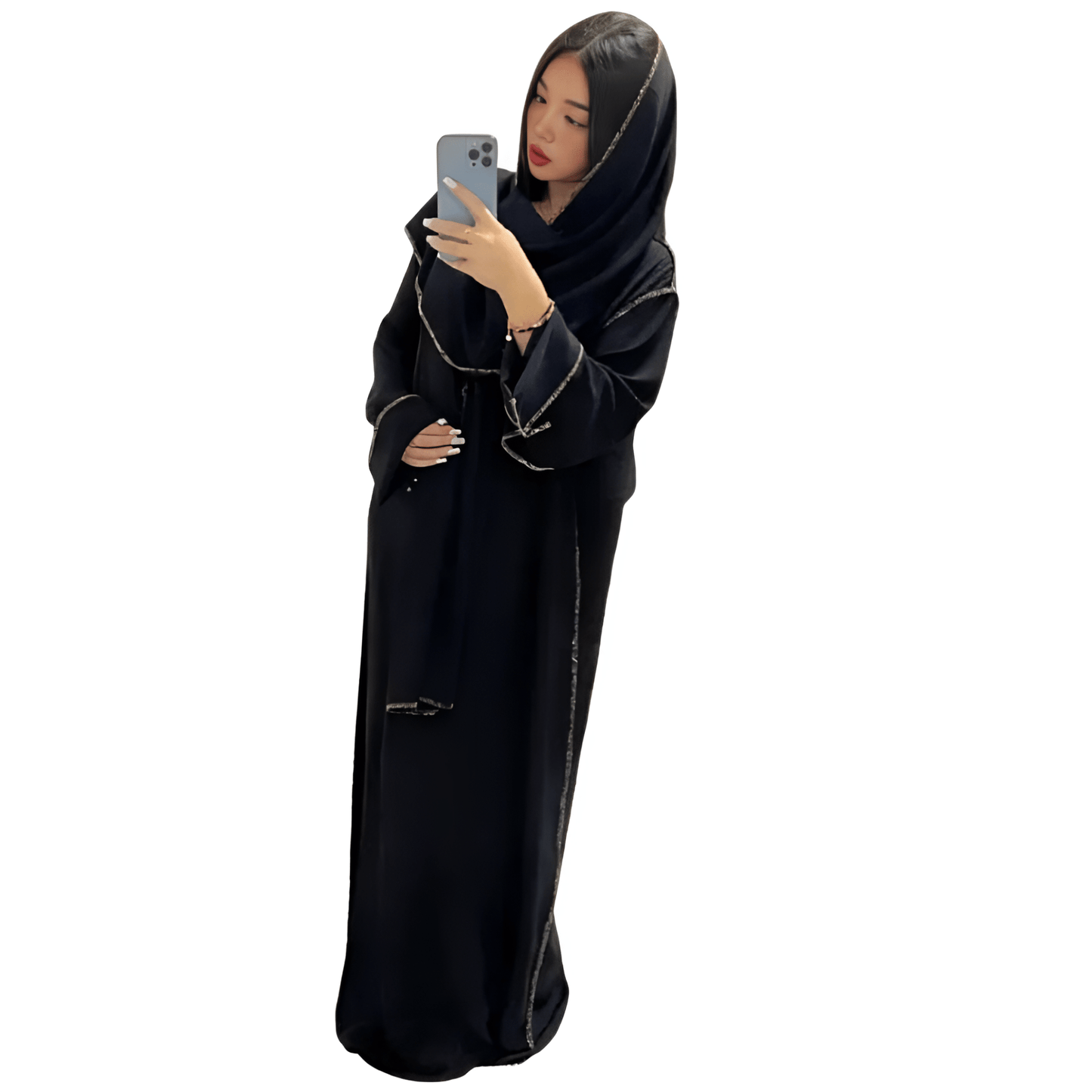 LUXE DIVA women’s gold trim abaya with matching scarf Islamic maxi dress