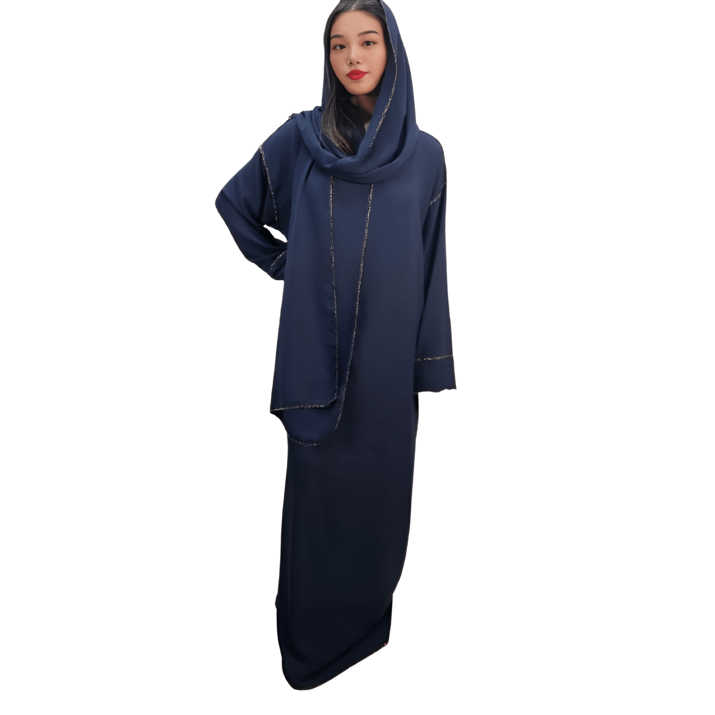 LUXE DIVA women’s gold trim abaya with matching scarf Islamic maxi dress