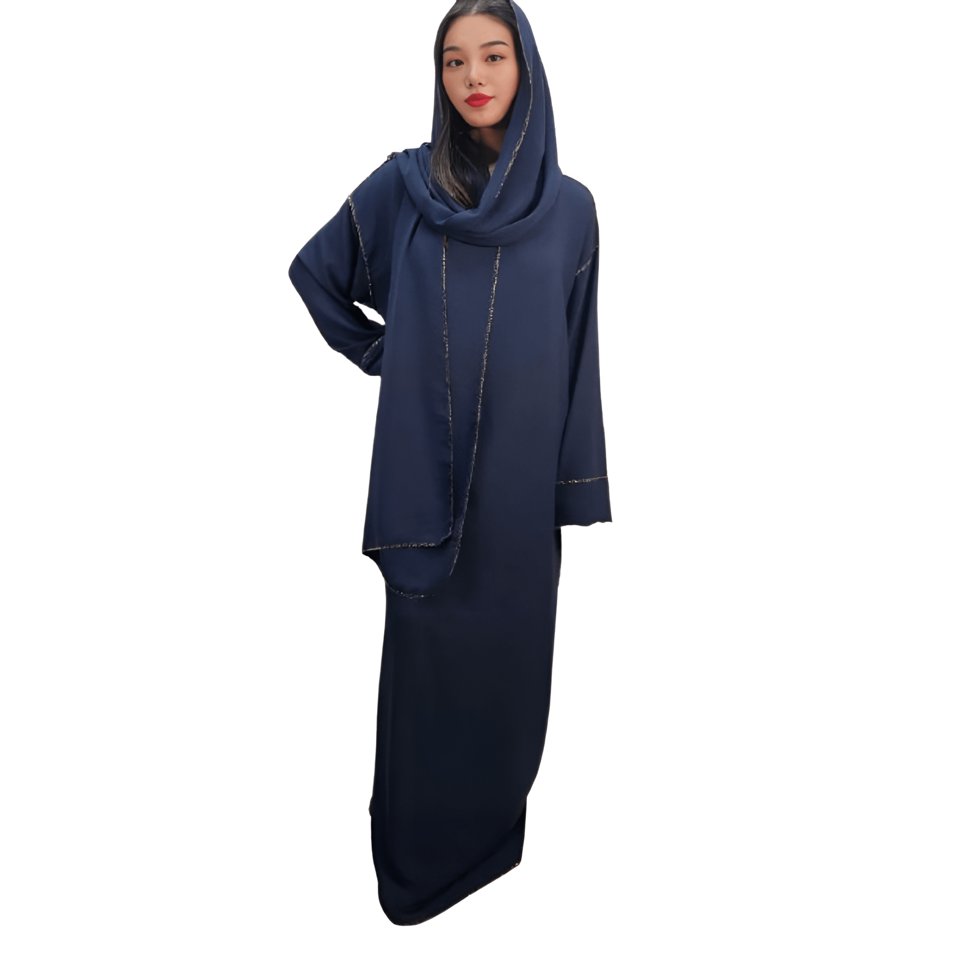 LUXE DIVA women’s gold trim abaya with matching scarf Islamic maxi dress