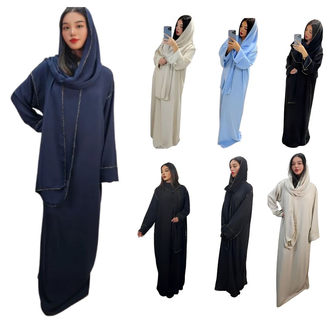 LUXE DIVA women’s gold trim abaya with matching scarf Islamic maxi dress