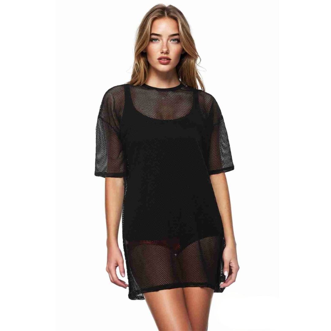 LUXE DIVA Womens Round Neck Sheer Mesh Top Ladies Short Sleeve Tunic Baggy T-Shirt Dress - LUXE DIVALUXE DIVA Womens Round Neck Sheer Mesh Top Ladies Short Sleeve Tunic Baggy T-Shirt DressTunic DressLUXE DIVALUXE DIVASSOvrSizTshirtBlk8-10LUXE DIVA Womens Round Neck Sheer Mesh Top Ladies Short Sleeve Tunic Baggy T-Shirt Dress8 - 10Black