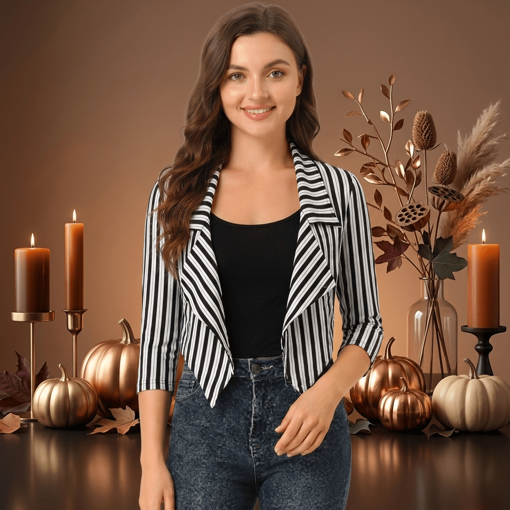 LUXE DIVA Women's Striped Waterfall Open Front Crop Blazer 3/4 Sleeves UK 8-22 - LUXE DIVALUXE DIVA Women's Striped Waterfall Open Front Crop Blazer 3/4 Sleeves UK 8-22Crop TopLUXE DIVALUXE DIVALDStrpCropBlzrBlkWhiteStrpSMLUXE DIVA Women's Striped Waterfall Open Front Crop Blazer 3/4 Sleeves UK 8-22SMBlack/White Striped