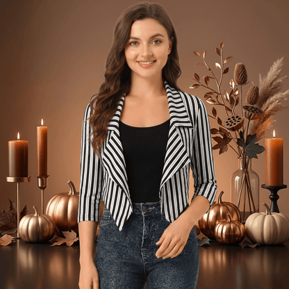 LUXE DIVA Women's Striped Waterfall Open Front Crop Blazer 3/4 Sleeves UK 8-22 - LUXE DIVALUXE DIVA Women's Striped Waterfall Open Front Crop Blazer 3/4 Sleeves UK 8-22Crop TopLUXE DIVALUXE DIVALDStrpCropBlzrBlkWhiteStrpSMLUXE DIVA Women's Striped Waterfall Open Front Crop Blazer 3/4 Sleeves UK 8-22SMBlack/White Striped