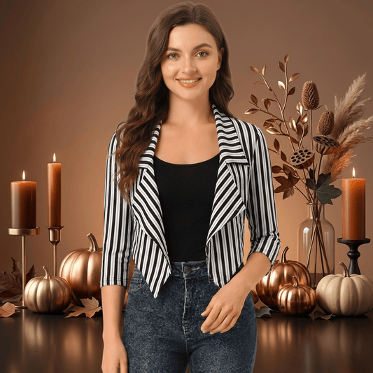 LUXE DIVA Women's Striped Waterfall Open Front Crop Blazer 3/4 Sleeves UK 8-22 - LUXE DIVALUXE DIVA Women's Striped Waterfall Open Front Crop Blazer 3/4 Sleeves UK 8-22Crop TopLUXE DIVALUXE DIVALDStrpCropBlzrBlkWhiteStrpSMLUXE DIVA Women's Striped Waterfall Open Front Crop Blazer 3/4 Sleeves UK 8-22SMBlack/White Striped