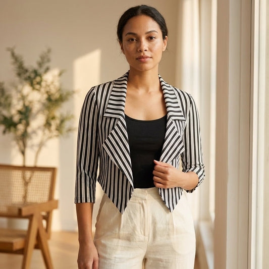 LUXE DIVA Women's Striped Waterfall Open Front Crop Blazer 3/4 Sleeves UK 8-22 - LUXE DIVALUXE DIVA Women's Striped Waterfall Open Front Crop Blazer 3/4 Sleeves UK 8-22Crop TopLUXE DIVALUXE DIVALDStrpCropBlzrBlkWhiteStrpSMLUXE DIVA Women's Striped Waterfall Open Front Crop Blazer 3/4 Sleeves UK 8-22SMBlack/White Striped