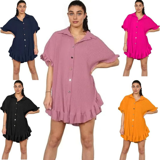 LUXE DIVA Women's Pleated Shirt Set, Short Sleeve Button Down Shirt, Loungewear, Casual Elegant Party Vacation Travel Top