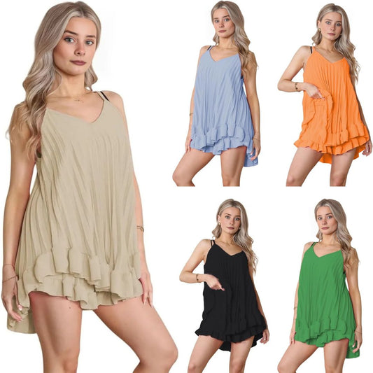 LUXE DIVA Women's Sleeveless Cami Pleated Frill Hem Top Camisole Dress & Matching Frill Shorts Co-Ord Set Chic Italian Design Versatile Summer Ensemble UK Size 8-14