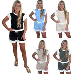 Load image into Gallery viewer, LUXE DIVA Womens Frill Contrast Panel Co ord Set Ribbed Tops and Drawstring Shorts Summer Tracksuit
