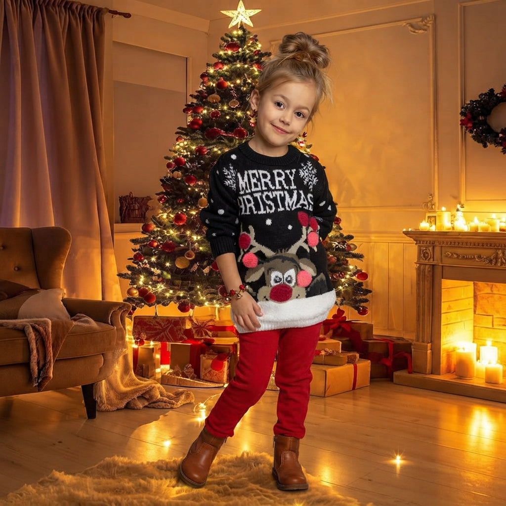 LUXE DIVA Kids 3D Pom Pom Christmas Jumper Novelty Festive Knit Sweater