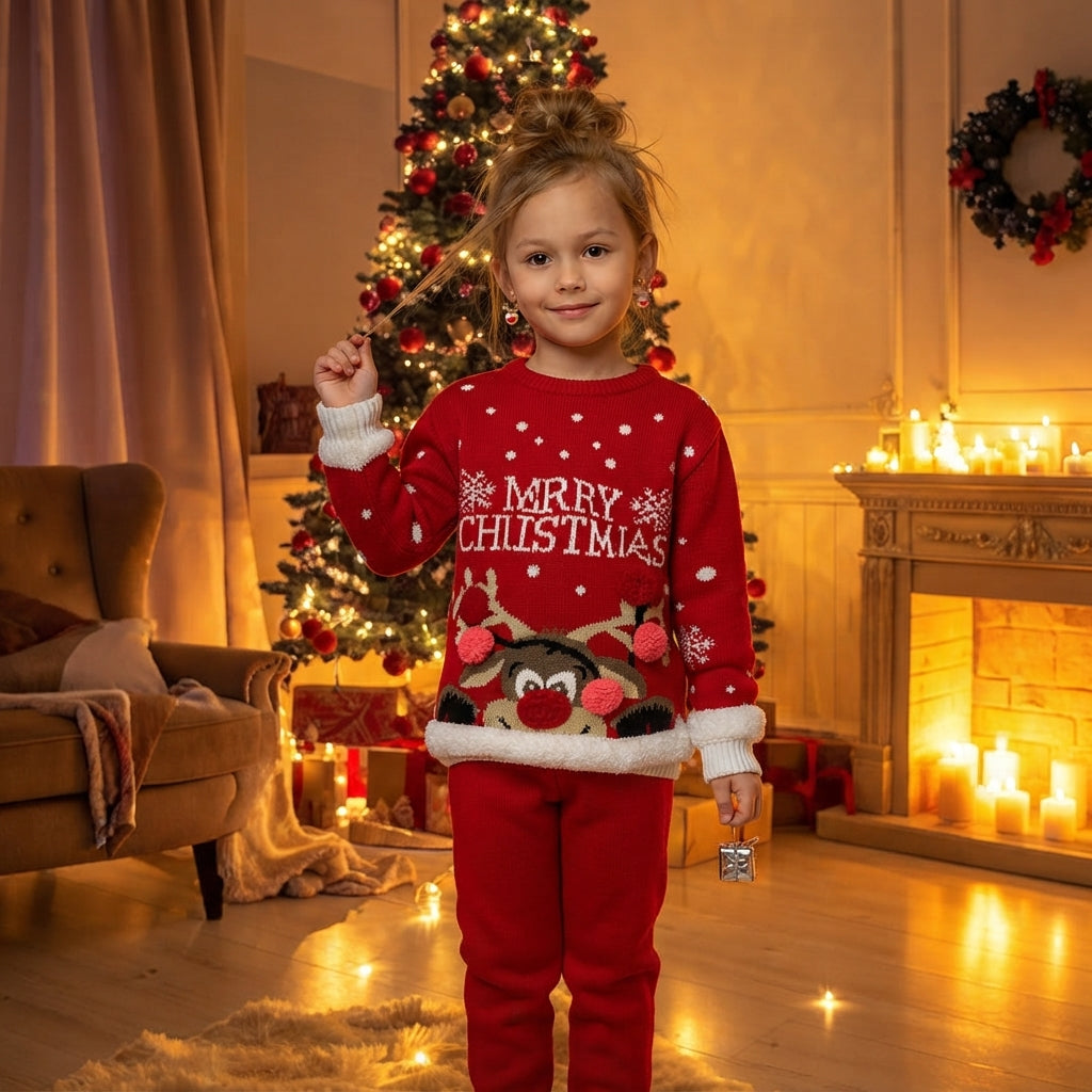 LUXE DIVA Kids 3D Pom Pom Christmas Jumper Novelty Festive Knit Sweater