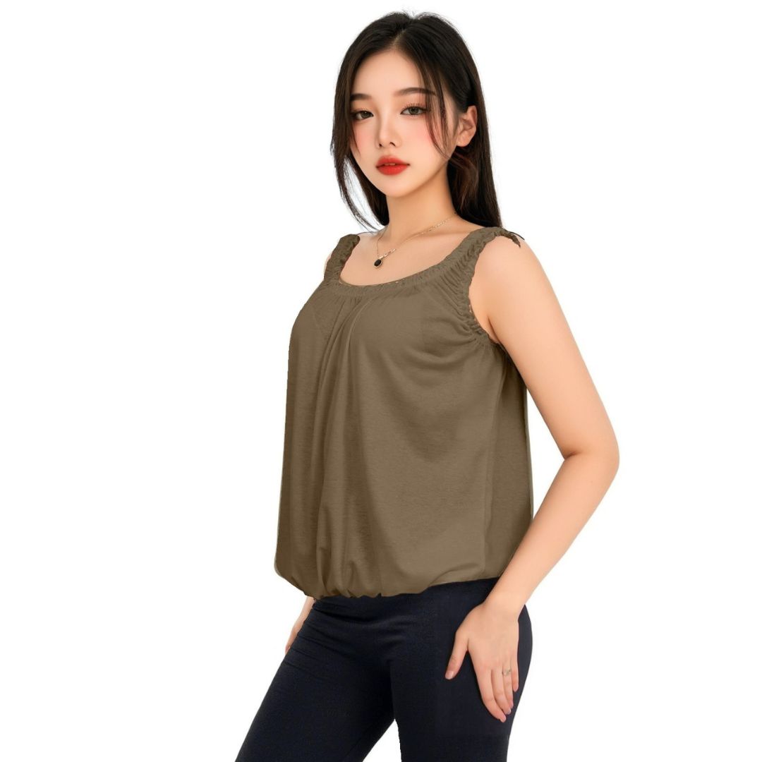 LUXE DIVA Women’s Gathered Round Scoop Neckline Swing Trim Sleeveless Plain Tank Top Wide Straps Ladies Elastic Bubble Hem Summer Camisole Baggy Vest Blouse Top