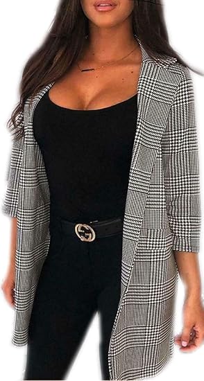 LUXE DIVA Womens Ladies Checkered Check Hound Tooth Tartan Duster Coat Jacket Balzer Top