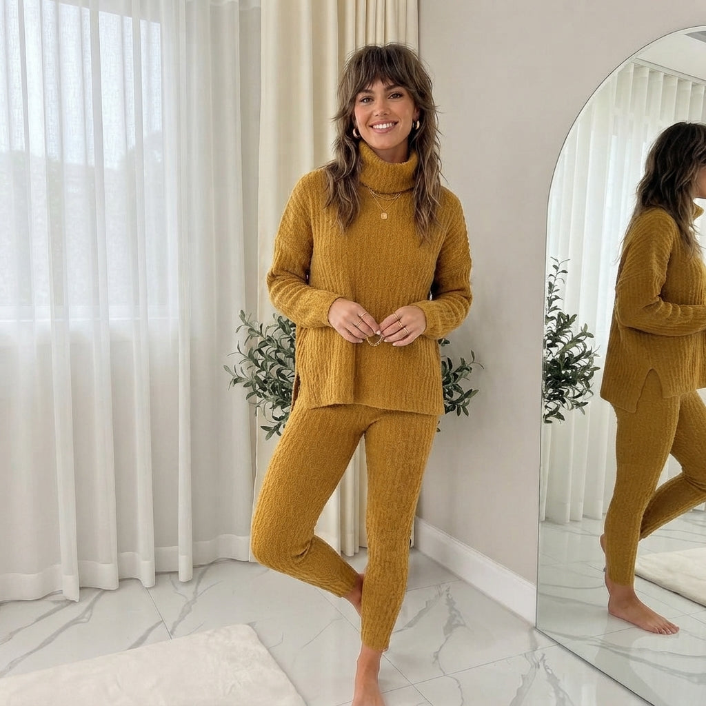 LUXE DIVA Women's Chunky Knit Polo Neck Two Piece Lounge Set