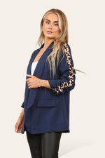 Load image into Gallery viewer, LUXE DIVA Ladies rouge leopard on sleeve Italien  blazer 2 front flap pockets
