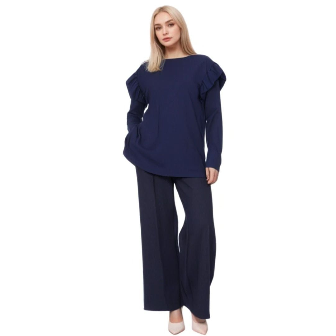 LUXE DIVA Ladies Frill arm Long Sleeve 2pcs Women's Wide Flared Leggings Trouser Loungewear Suit